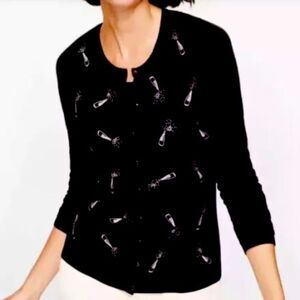 Talbots Black Champagne Glasses Rhinestone Sweater Womens Size petite large